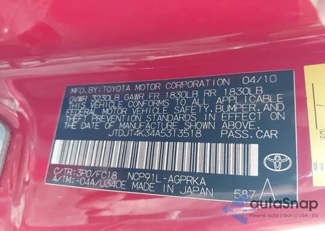 2010 Toyota Yaris из США, поврежденный, VIN JTDJT4K34A5313518